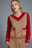 Red and Camel Vneck Sweater