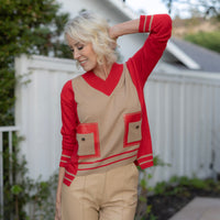 Red and Camel Vneck Sweater