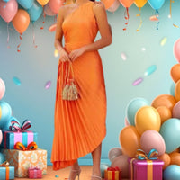 Pleated Orange  Dress with Cutout - Eurockk.com