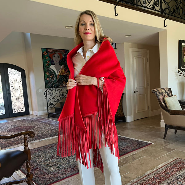 Red Wool and Cashmere Shawl with Genuine Leather Fringe - Eurockk.com