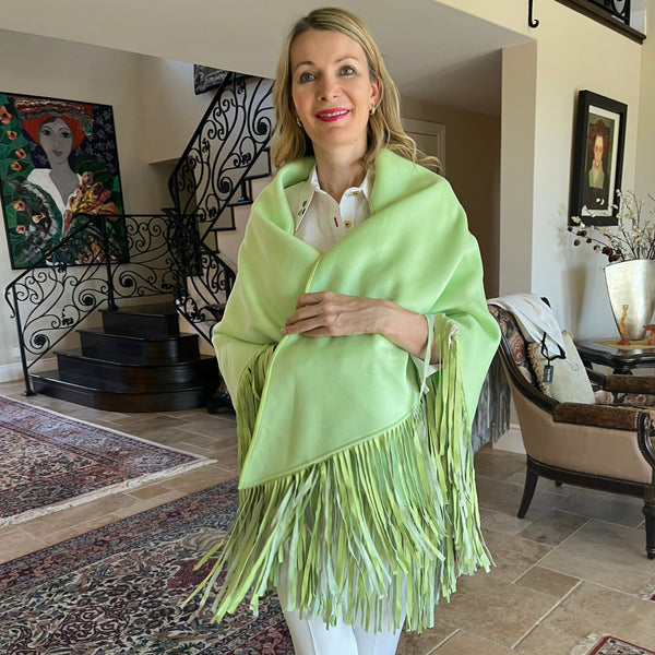 Mint Green wool and Cashmere Shawl with Genuine Leather Fringe