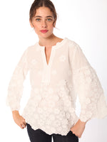 White Cotton Blouse With Flower Appliques - Eurockk.com