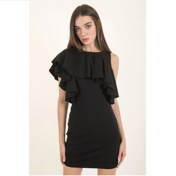 Asymetric Ruffle Black Dress - Eurockk.com
