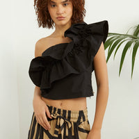 One Shoulder Black Ruffle Top - Eurockk.com